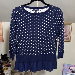 NWOT Chaps Blue Sweater with White Dots and Peplum Ruffle Size S